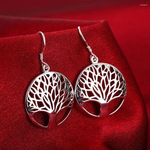 Boucles d'oreilles pendantes en argent sterling 925 creux sculpté arbre rond pour femmes de haute qualité mode fête de mariage bijoux dame cadeau de vacances