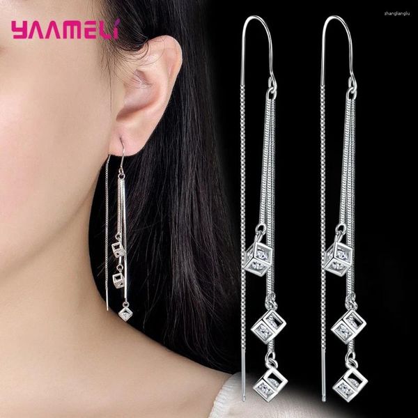 Boucles d'oreilles pendantes en argent Sterling 925, bijoux à la mode, Cube carré, pierre de Zircon cubique, pompon, pour femmes et filles