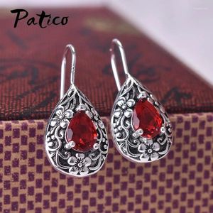 Dangle Oorbellen 925 Sterling Zilver Naald Drop Voor Vrouwen Bloem Dazzling Ruby Vintage Sieraden Cadeau