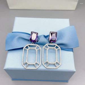 Boucles d'oreilles pendantes en argent sterling 925 pavées en forme de pierre précieuse pour femmes, texture géométrique, vent froid, rétro, violet, clous d'oreille, cadeau, bijoux