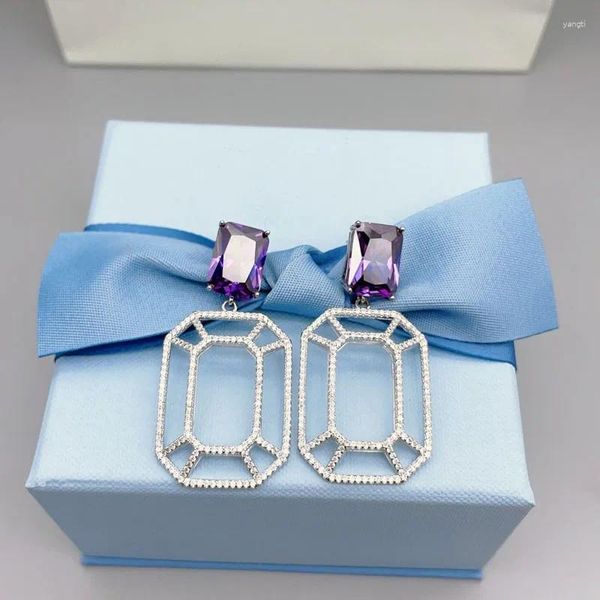 Pendientes colgantes de plata de ley 925 con forma de piedra preciosa pavimentada para mujer, textura geométrica, viento frío, pendientes Retro morados, joyería de regalo