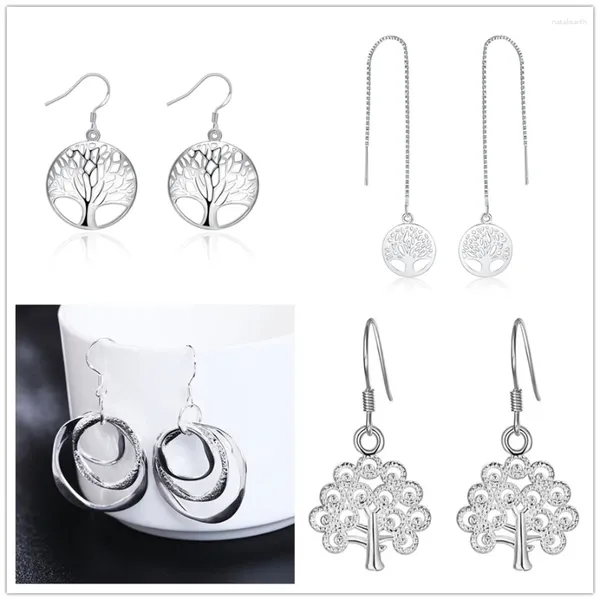 Pendientes colgantes 925 Precio al por mayor 4 pares Conjunto Color plata Moda ÁRBOL Encantos Aro Mujer Dama Chica Joyería para fiesta de boda Lindo E738