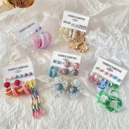 Boucles d'oreilles pendantes en chaîne acrylique pour femmes, couleur bonbon, pompon en résine, grand ensemble de gouttes géométriques exagérées