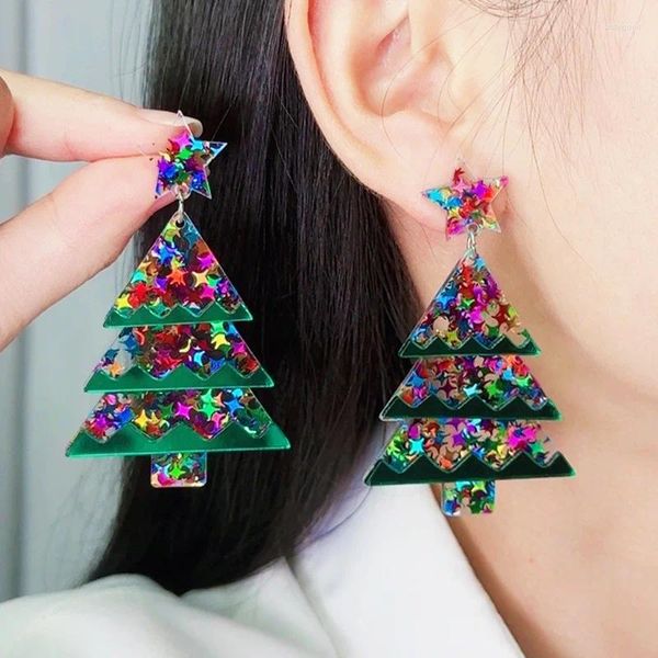 Boucles d'oreilles pendantes en acrylique pour femmes, arbre de noël, étoiles colorées, tendance, goutte d'eau, bijoux de fête pour filles