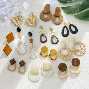 Pendientes colgantes AENSOA, corazón bohemio de ratán tejido, gota acrílica para mujer, Pendientes geométricos hechos a mano de madera, joyería colgante