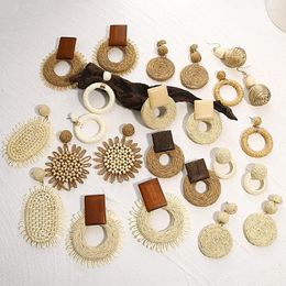 Dange oorbellen aensoa boho geometrische rattan raffia houten druppel voor vrouwen handgemaakte beige cirkel bloemen houten oorbel zomeraccessoires