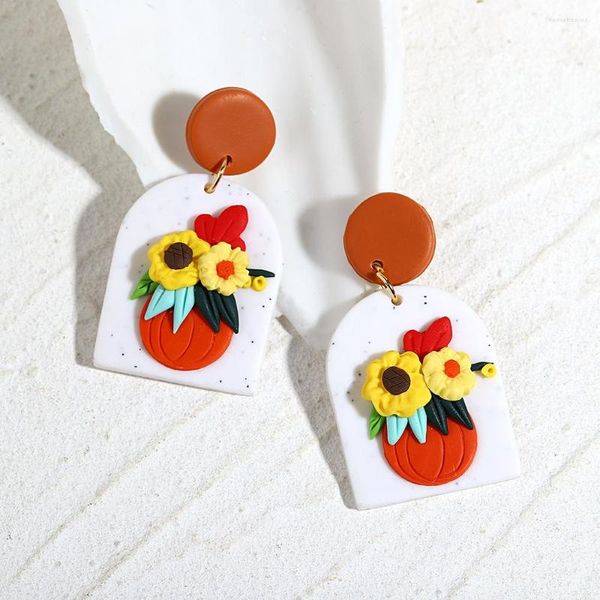 Pendientes colgantes AENSOA, arcilla polimérica con estampado Floral de calabaza hecha a mano para mujer, joyería de Halloween con gota geométrica blanca y naranja