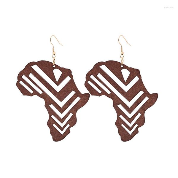 Boucles d'oreilles pendantes carte de l'afrique sculptée en bois creux pour femmes, bijoux tendance en bois faits à la main, vente en gros