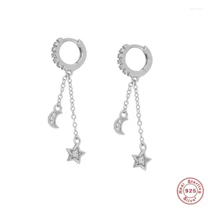 Boucles d'oreilles pendantes Aide en argent Sterling 925, zircone cubique, breloque étoile et lune pour femmes, Double chaîne, pendentif pompon, cadeau de goutte