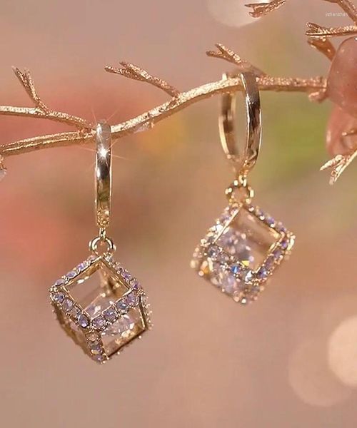 Pendientes colgantes ALLME delicados y brillantes Cuadrado hueco CZ circón gota para mujer gancho de Color dorado bola colgante joyería