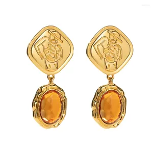 Boucles d'oreilles en peluche allme rétro orange résine géométrique Portrait Portrait Drop pour femmes 18k réel plaque d'or BRINGES LONGES BRINGES