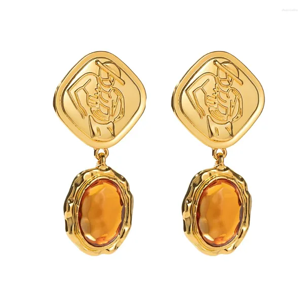 Pendientes colgantes de la cabeza retro de resina de color naranja retrato de moneda de retrato para mujeres 18k reales chapado en oro arete largo Brincos