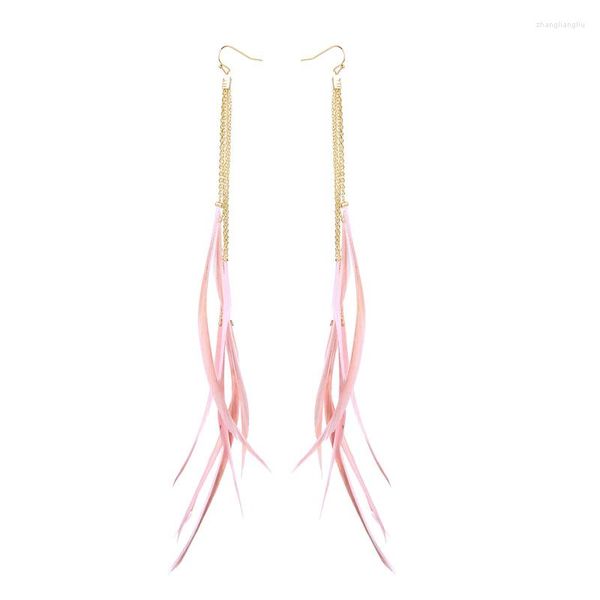 Boucles d'oreilles pendantes en alliage pour femmes, longues plumes, pompon, breloque rose/noir, accessoire, vente en gros de bijoux