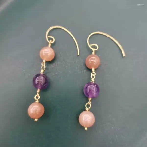 Pendientes colgantes de amatista, piedra solar, piedras preciosas, colgantes de piedra natural, relleno de oro de 14 quilates, estilo bohemio vintage para mujeres y niñas