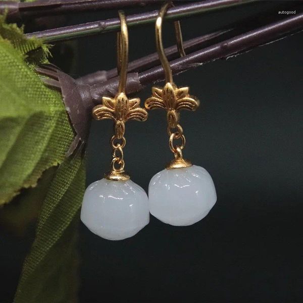 Boucles d'oreilles pendantes en or ancien, artisanat rétro, Style cour, Lotus pour femmes, naturel Hetian blanc Jade, bijoux Hanfu Cheongsam