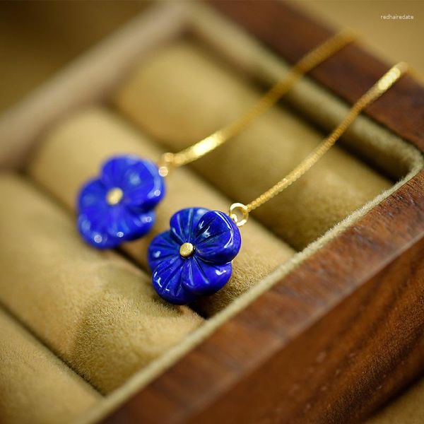 Boucles d'oreilles pendantes en or ancien, artisanat exquis, longue chaîne, en Lapis Lazuli, fleur bleue Vintage, bijoux de mariage pour femmes