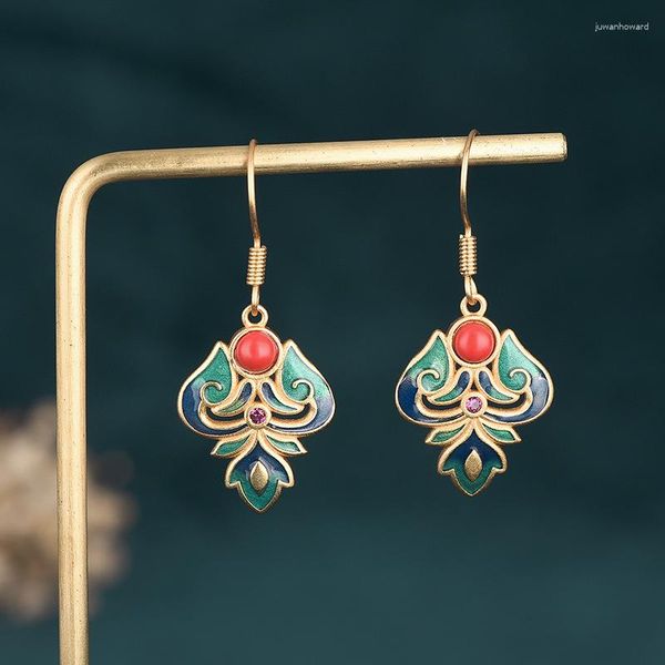 Boucles d'oreilles pendantes Or ancien Artisanat Style ethnique Porcelaine émaillée incrustée de tourmaline rouge du sud pour femme Bijoux en argent