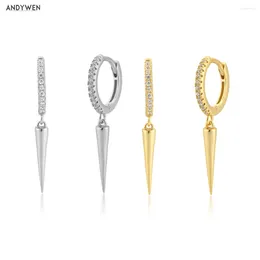 Boucles d'oreilles ANDYWEN 925 en argent Sterling 8.5mm Zircon pavé longue pointe goutte boucle d'oreille femmes Piercing Ohrringe cercle rond bijoux pour