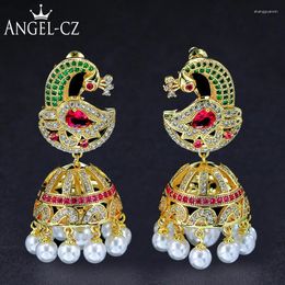 Boucles d'oreilles en peluche angelcz antique vintage boho ethnique de paon doré pave coloré cz avec perle grand instat fête bijoux ae216