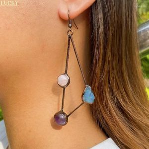 Boucles d'oreilles pendantes en cuivre Antique soudé, grand Triangle pavé de Quartz Rose/améthyste/aigue-marine, bijoux BOHO rétro, cadeau