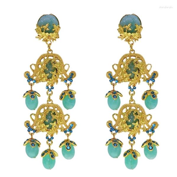 Boucles d'oreilles pendantes avec fleurs vertes antiques, pompons français, longs, rétro, luxe exagéré, clips d'oreille, sans piercing