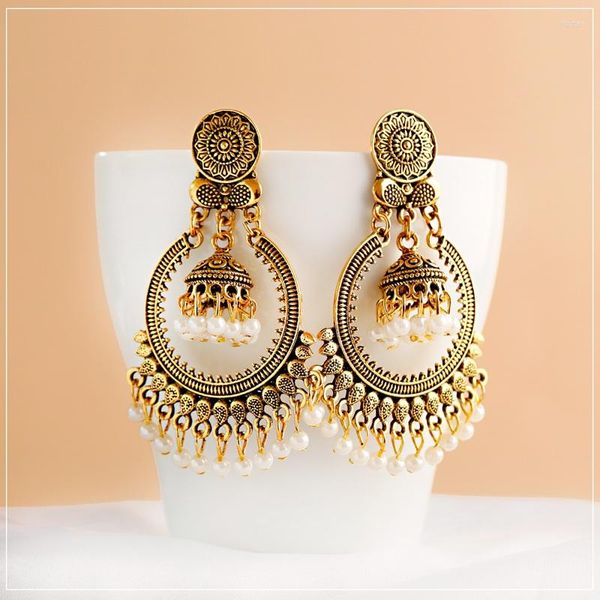 Pendientes colgantes antiguos para mujer, cuentas blancas, borla Jhumka, etnia gitana, Color dorado, gran círculo, campana, pendiente colgante, joyería de moda