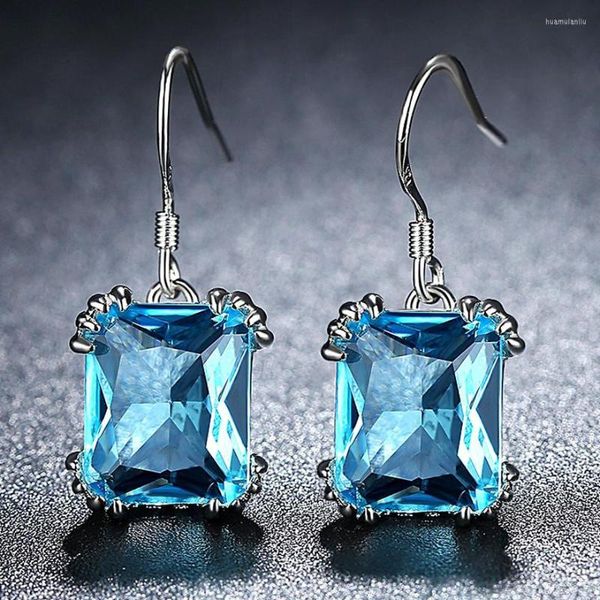 Boucles d'oreilles pendantes aigue-marine bleu cristal pierres précieuses goutte pour les femmes diamants carrés or blanc argent couleur Pendientes Bijoux Bijoux cadeau