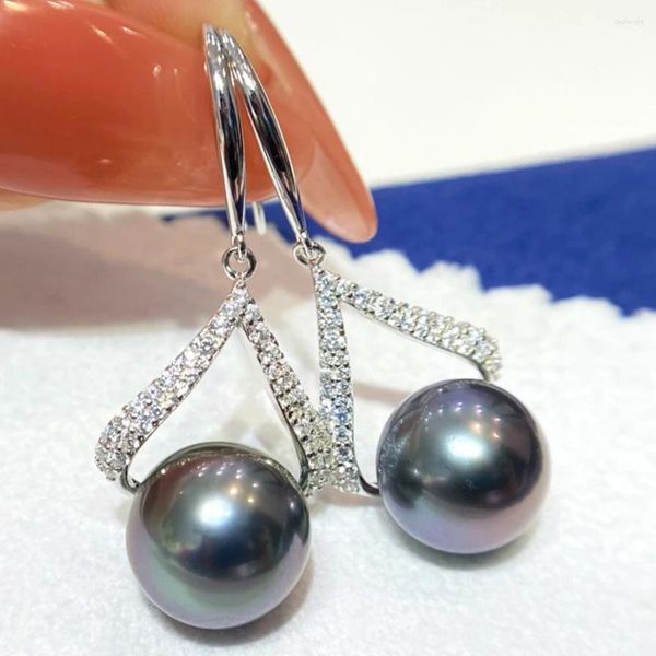 Boucles d'oreilles pendantes en argent 925 pour femmes, bijoux de luxe, goutte d'eau, de fête, avec un lustre élevé de 10 à 11mm, véritable perle noire de Tahiti naturelle