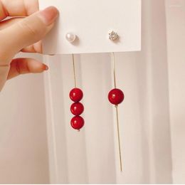 Boucles d'oreilles pendantes en forme de perle rouge pour femmes, rondes, tendance, simples, asymétriques, longues, bohème, arrivée