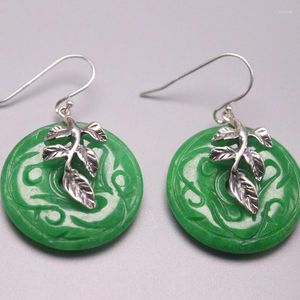 Boucles d'oreilles pendantes en argent Sterling S925 pour femmes, porte-bonheur, feuille de cercle de Jade vert, 39x20mm