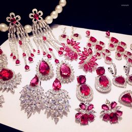 Boucles d'oreilles pendantes en rubis artificiel pour femmes, clous d'oreilles en argent Sterling 925, zircone cubique rouge, bijoux fins, pendentifs de tempérament Mujer