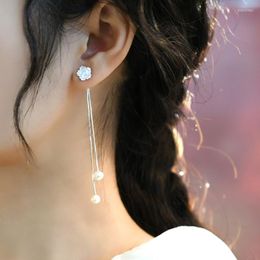 Bengelen oorbellen ashiqi natuurlijke zoetwater parel 925 sterling zilveren bloem lange mode sieraden voor meisjes