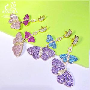 Dangle Oorbellen ASNORA Mode overdreven micro-ingelegde CZ vlinder hanger Rarrings luxe gepersonaliseerde sieraden paars roze oorbel