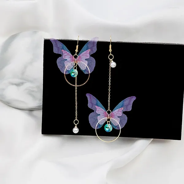 Pendientes colgantes de mariposa asimétrica linda para mujeres círculo largo con flecos de circón perlas colgante de fiesta de moda coreana regalo de joyería