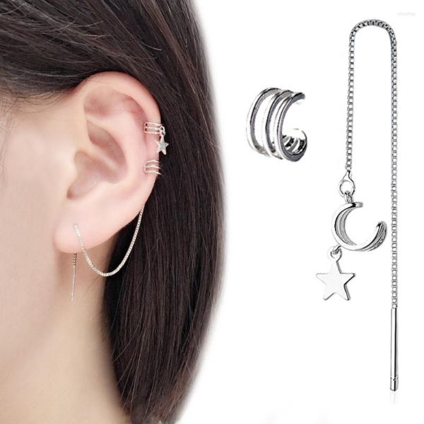 Pendientes colgantes, Piercings falsos asimétricos para mujer, línea geométrica, estrella de cinco puntas, Clip para oreja, joyería exquisita para mujer, regalos