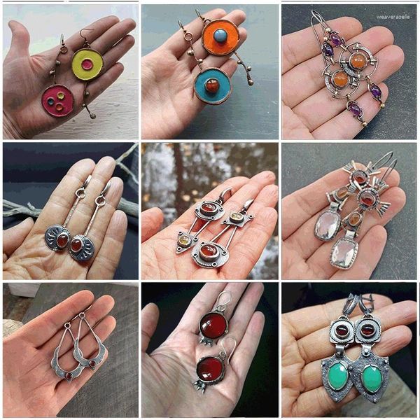 Pendientes colgantes asimétricos con piedra verde naranja 2023, joyería Vintage para mujer, colgante de Metal antiguo hecho a mano para regalo