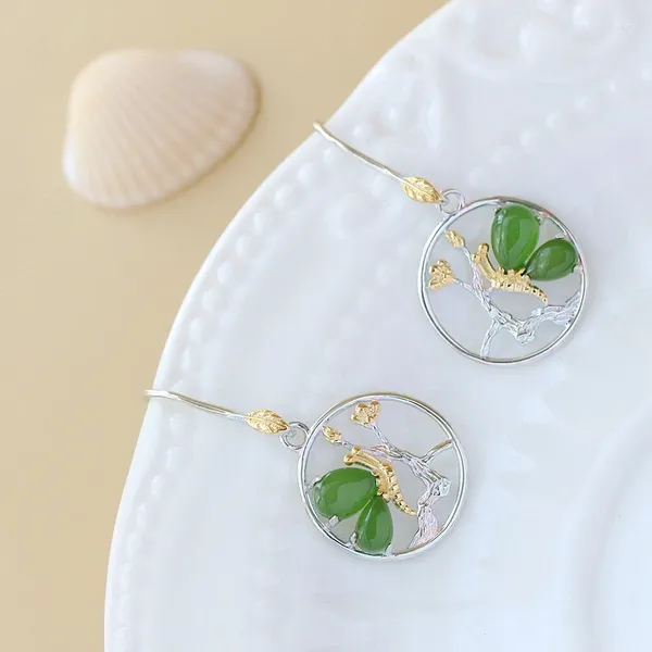 Pendientes colgantes de Plata de Ley 925 auténtica, pendiente de estilo Retro con incrustaciones de jaspe Natural, pequeña mariposa, regalo de joyería fina para mujer