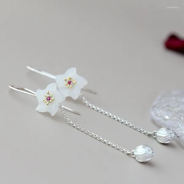 Boucles d'oreilles pendantes en argent Sterling 925 authentique, incrusté à la main, Jade blanc naturel, Floral, tendance, Long pompon, bijoux fins, cadeau