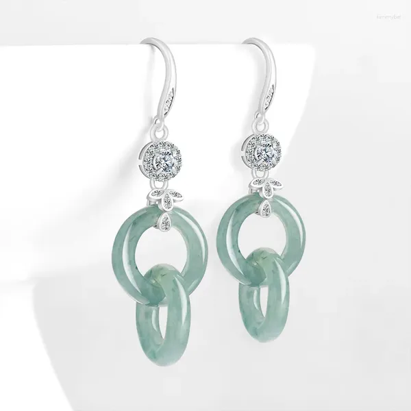 Boucles d'oreilles pendantes en jadéite naturelle authentique de qualité A, Double anneau de Type pierre de Jade incrustée d'argent S925, bijoux cadeaux pour femmes