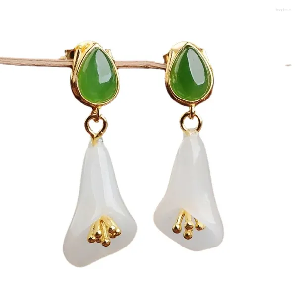 Pendientes colgantes auténticos s925 plateado blanco blanco jade natural jade