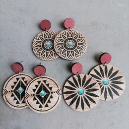 Bengelen oorbellen aztec stijl turquoise sunburst daisy bloem patroon print houten ronde druppel voor vrouwelijke geschenken liefhebbers westerse sieraden