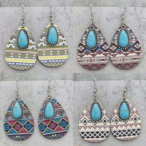 Boucles d'oreilles pendantes Style aztèque en bois Turquoise larme pour femmes Cowgirl motif géométrique bijoux occidentaux en gros