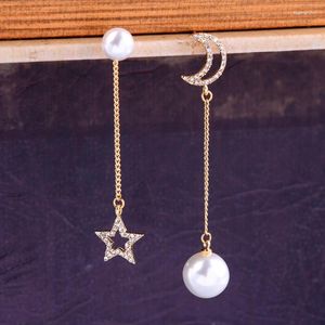 Dangle Oorbellen BALANBIU Asymmetrische Glanzende Kristallen Maan Ster Goud Kleur Lange Ketting Acryl Parel Voor Vrouwen Geschenken Mode-sieraden