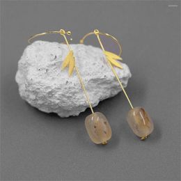 Boucles d'oreilles pendantes en forme de feuille de bambou S925 argent aiguille pierres naturelles Simple Style chinois ligne d'oreille mignon et chic