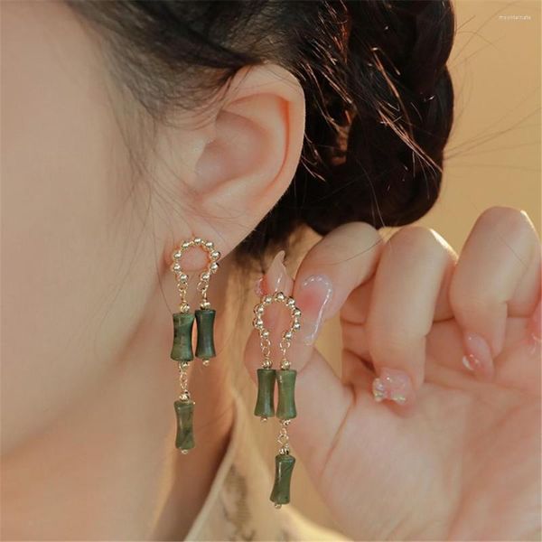 Boucles d'oreilles pendantes en forme de bambou Olive Jade Drop Design chinois Vintage femmes bijoux de luxe clous d'oreille marée nationale Boudoir fille cadeau