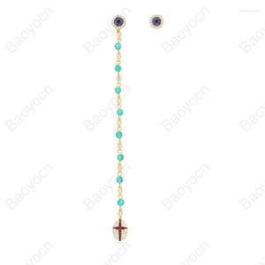 Boucles d'oreilles pendantes Baoyocn marque 925 en argent Sterling couleur or Rose asymétrique Rose bleu perles longue goutte zircon cubique femmes bijoux