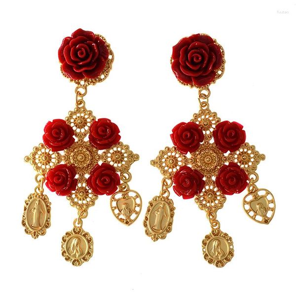 Pendientes colgantes de Metal barroco, grandes y largos para mujer, pendientes de gota de moneda con flor de diamantes de imitación Vintage, joyería de moda