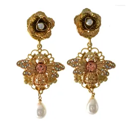 Boucles d'oreilles baroques Vintage en forme de fleurs d'abeille pour femmes, Bijoux de mariage, à la mode, strass doux, longs cadeaux mignons