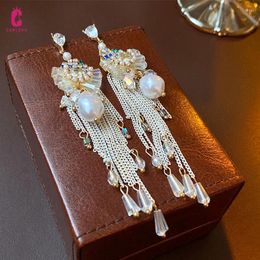 Boucles d'oreilles baroques Vintage en Zircon pour femmes, bijoux de luxe avec nœud en perles et pompon, rétro, longue chaîne personnalisée