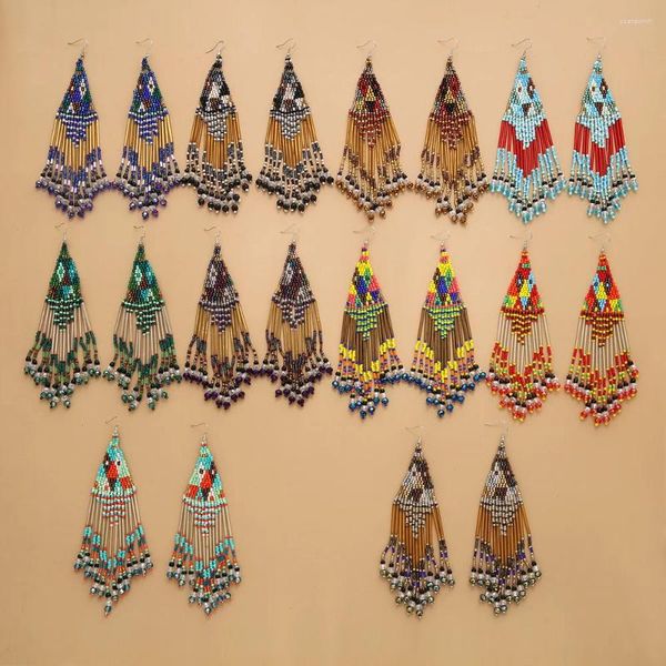 Boucles d'oreilles pendantes avec pompon perlé, tissage à la main, style bohémien, originalité, simplicité, courant de marée, géométrie, Long Tube, perle de riz